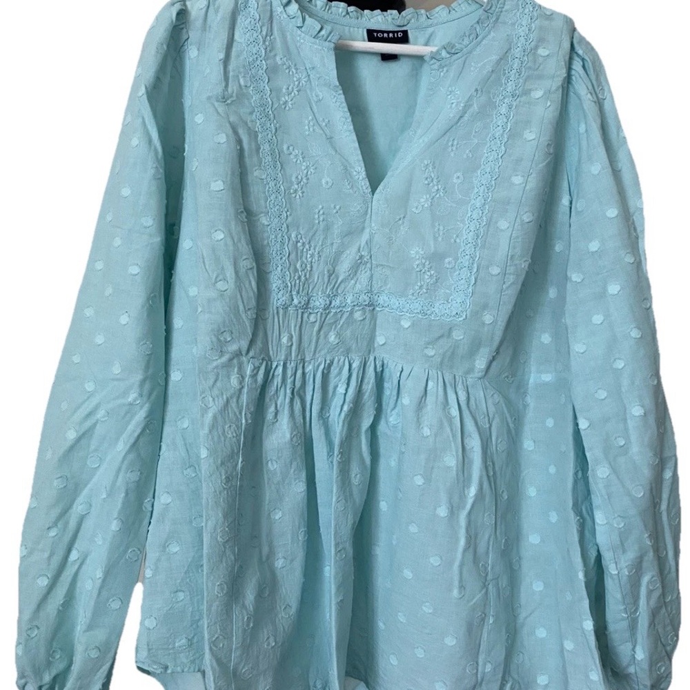 Torrid Turquoise Swiss Dot Blouse 1X – V-Neck, Lace Trim